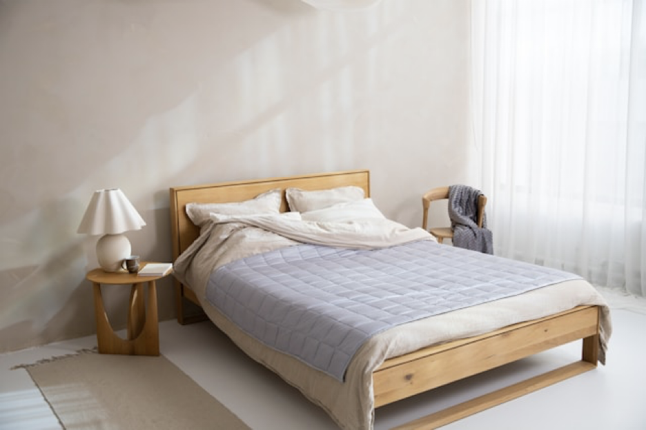 A bed with a wooden frame.